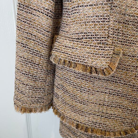Rena Lange Tweed Skirt Suit Fringe Sequin Wool Cotton Beige Black White 10 - Picture 3 of 10